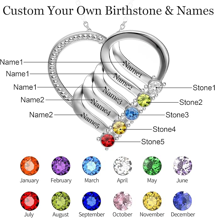 Easycosy Custom Name Necklace with Simulated Birthstones Customized Promise Necklace Heart Pendant with Engraved 2-6 Names - Anniversary Birthday Christmas Jewelry Gifts for Women Wife Mom Grandma