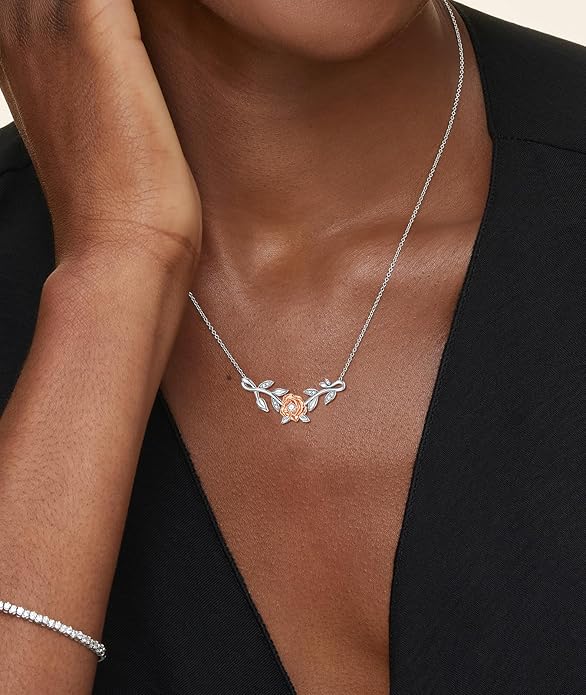 1/20 Carat Diamond Rose Necklace for Women 925 Sterling Silver Rose Flower Vine Pendant Necklaces 18K Gold Plated Fine Jewelry