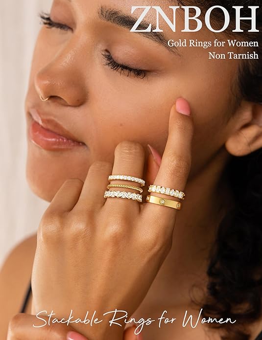 Stackable Gold Rings for Women Non Tarnish Wedding 14K Gold Plated Stacking Cubic Zirconia Thumb Ring Set Stack Engagement Eternity Dainty Bands Pinky Statement Promise Gold Jewelry Size 6-10