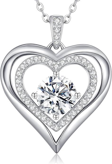 Moissanite Heart Pendant Necklaces for Women, 925 Sterling Silver Necklace Engraved with 'I LOVE YOU', Ideal Anniversary Birthday Christmas Valentine Mothers Day Jewelry Gifts for Mom Wife Girlfriend Daughter Her