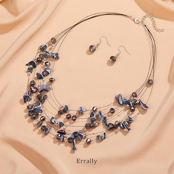 Multi-Layer Boho Shell Beaded Necklace for Women Colorful Crystal Strand with Silver Beads Statement Collars Necklace and Earrings Costumes Jewelry Sets for Women