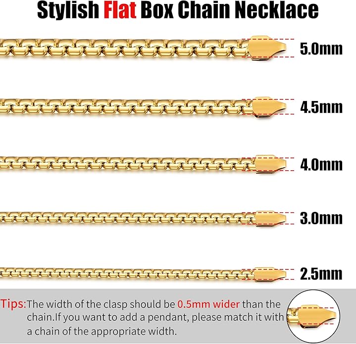 Fiusem Flat Box Chains for Men, 14k Gold Plated Stainless Steel Chain Necklace, 2.5/3/4/4.5/5mm Necklaces for Men and Women 16-28 Inch