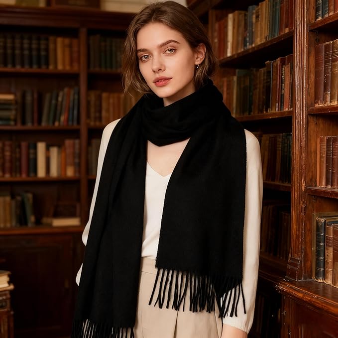 WASALUYA Wool Scarf for Women & Men, 100% Wool Scarves Wrap Shawl with Tassels, Elegant Soft Winter Scarf for Fall and Winter