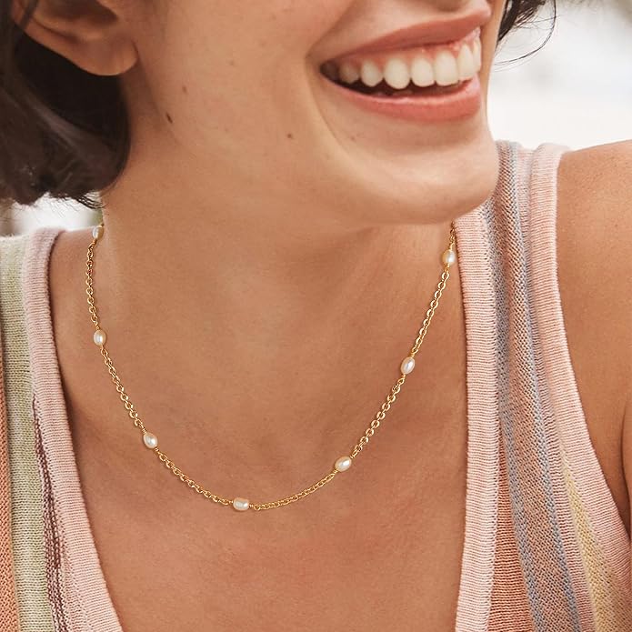 MTMY Beaded Necklaces for Women 14K Gold Plated Dainty Colorful Green/Rose Beaded Pearl Choker Necklace Delicate Boho Choker Necklace Jewelry Gift