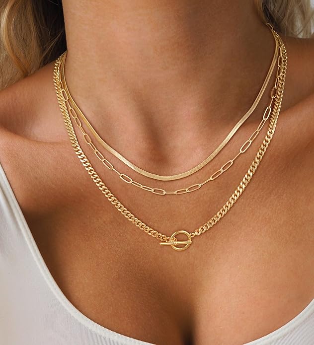 CHESKY 14K Gold Plated Layered Herringbone Necklaces for Women, Trendy Paperclip Snake Chain Necklace Cuban Link Simple Chunky Toggle Clasp Necklace Set Fashion Jewelry