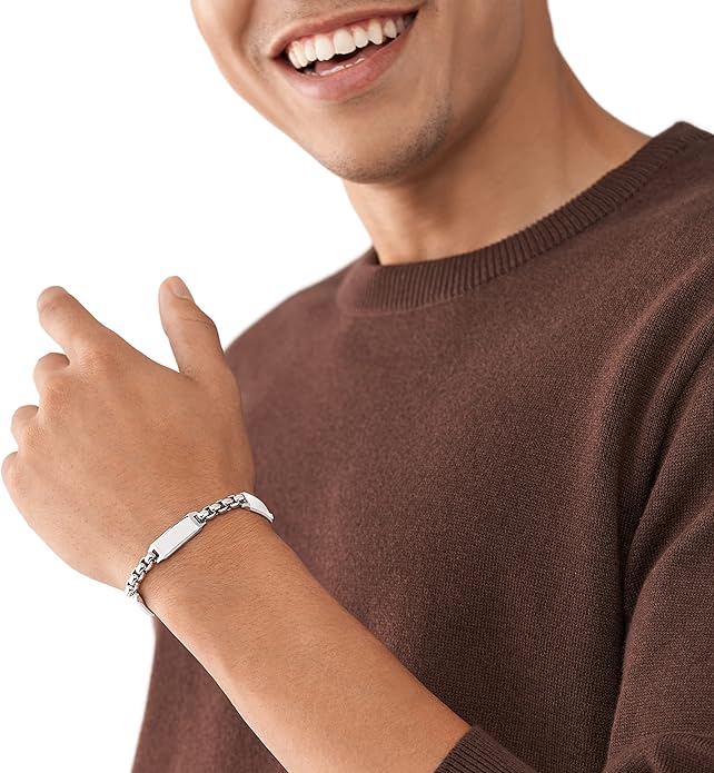 Fossil Men's Plated Stainless Steel Engravable Personalized Gift ID, Chain or Cuff Bracelet for Men