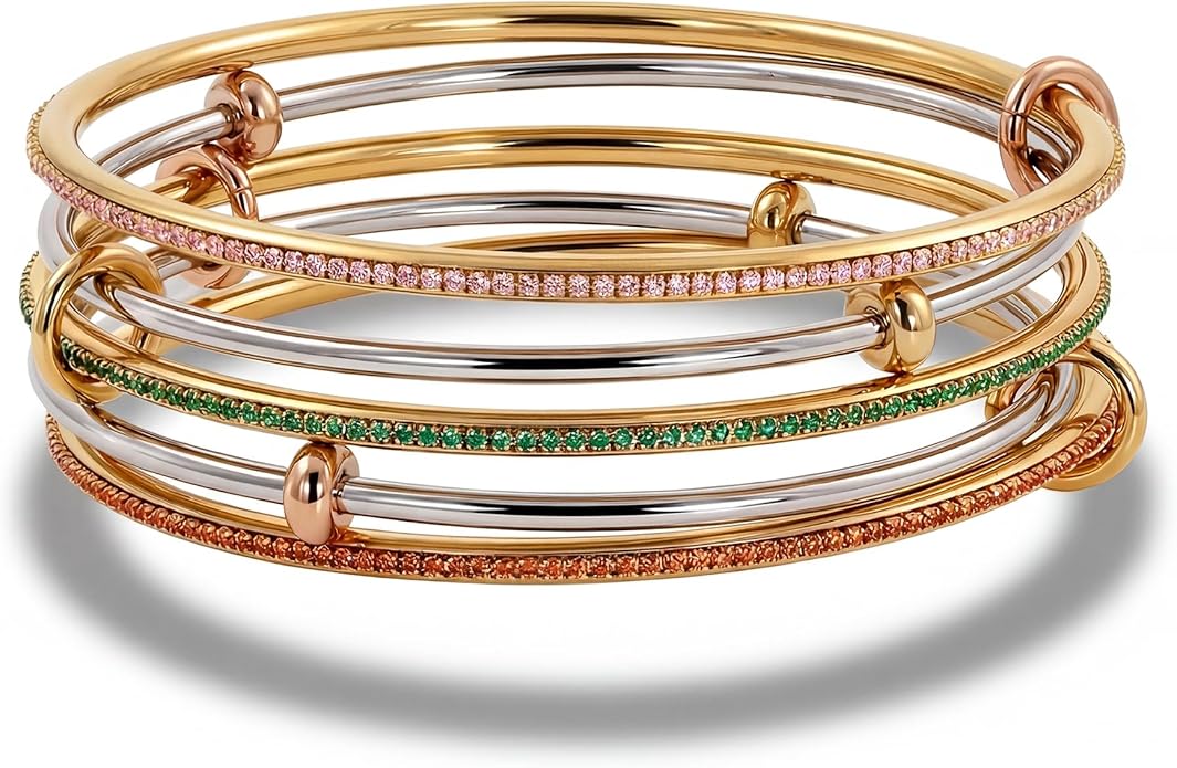 Musishiyu Gold Bracelets for Women Stacking Bangle - 18K Mixed Metal Tri-Color Rolling Interlocking Bands, Cubic Zirconia Fidget Anxiety Jewelry, Valentine's Galentine's Day Gifts (Love, Loyalty, Friendship)