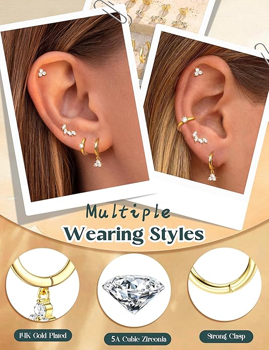 Florideco 925 Sterling Silver Earrings for Women Trendy Hypoallergenic Small Gold Hoop Earrings 14K Gold Plated Stud Earring Sets for Multiple Piercing CZ Ear Cuff Cartilage Earring Stacks