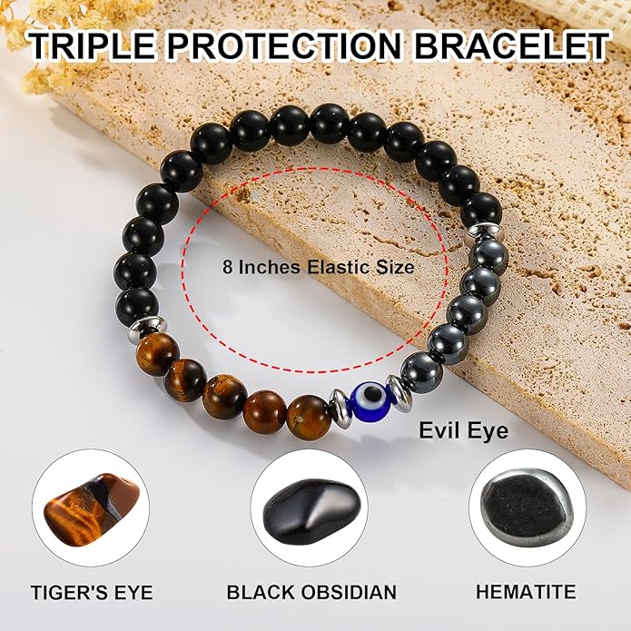 Triple Protection Bracelet for Men, Mens Black Obsidian Hematite Tiger Eye Beaded Natural Stone Evil Eye Bracelet Jewelry Gifts for Birthday Christmas