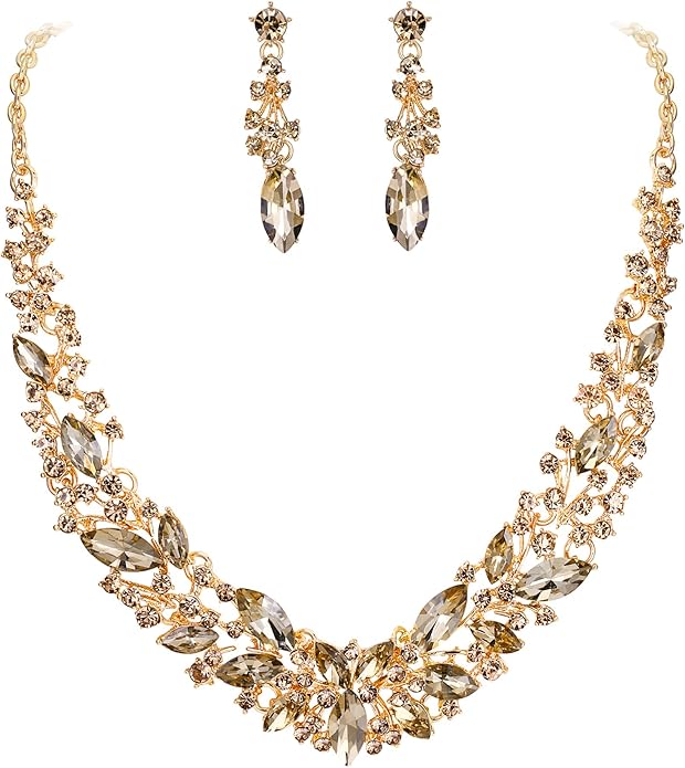 BriLove Women's Wedding Bridal Austrian Crystal Marquise Cluster Collar Necklace Dangle Earrings Set