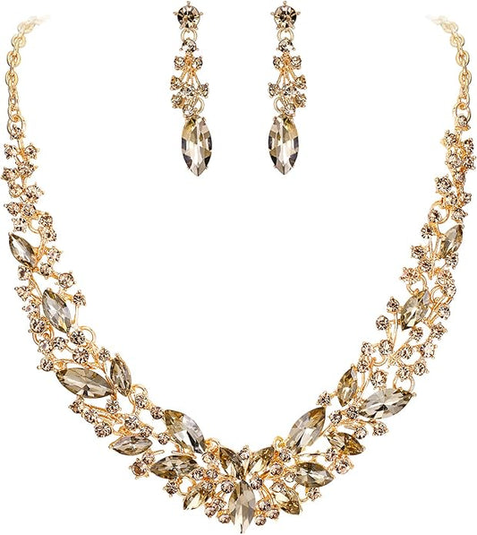 BriLove Women's Wedding Bridal Austrian Crystal Marquise Cluster Collar Necklace Dangle Earrings Set