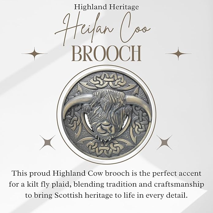 Highland Cow Kilt Brooch with Celtic Knot - Traditional Scottish Helian Coo Plaid Brooches for Men – Handcrafted Tartan Sash Pin, Luxurious Accessory for Women’s Dress