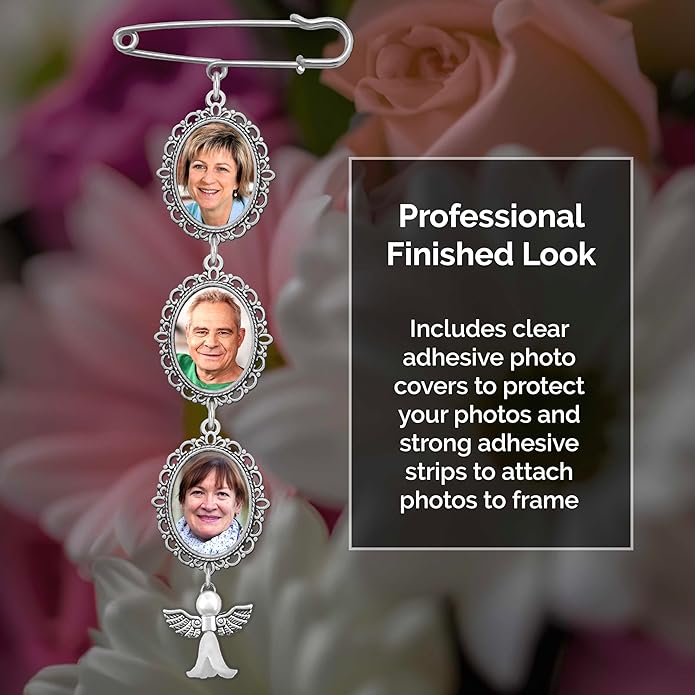 Wedding Boutonniere Angel Photo Charm Pin Brooch Cascading Triple Frame for Mother of Bride or Groom or Flower Bouquet