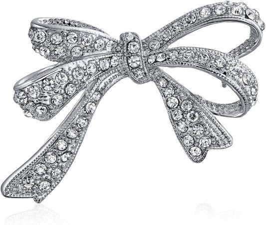 Winter Holiday Blue White Glittering Crystal Bridal Fashion Large Statement Ribbon Scarf Bow Brooch Pin For Women Rose Gold or Silver Plated