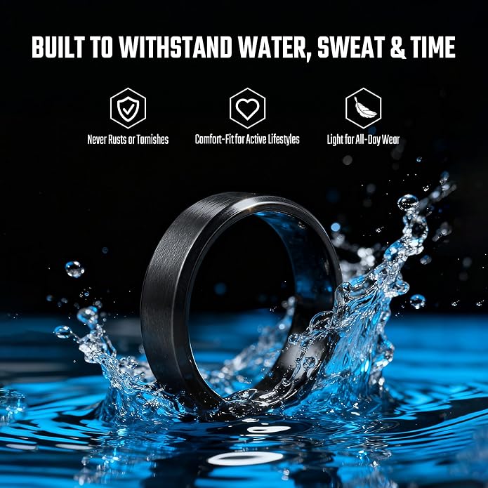 KeyUnity Men's 8mm Titanium Black Wedding Band - Matte Stainless Steel Comfort Fit Engagement Ring, Size 6-13