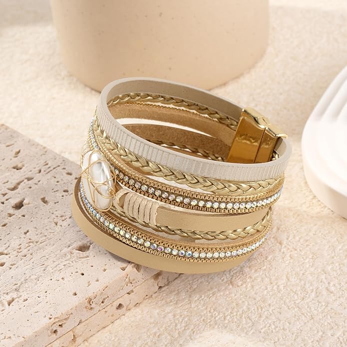 ENGCKSHI Wrapped Bracelets for Women,Leather Bracelet,Boho Bracelets for Women,Multi-Layer Pearl Crystal Bracelet Bangle Jewelry