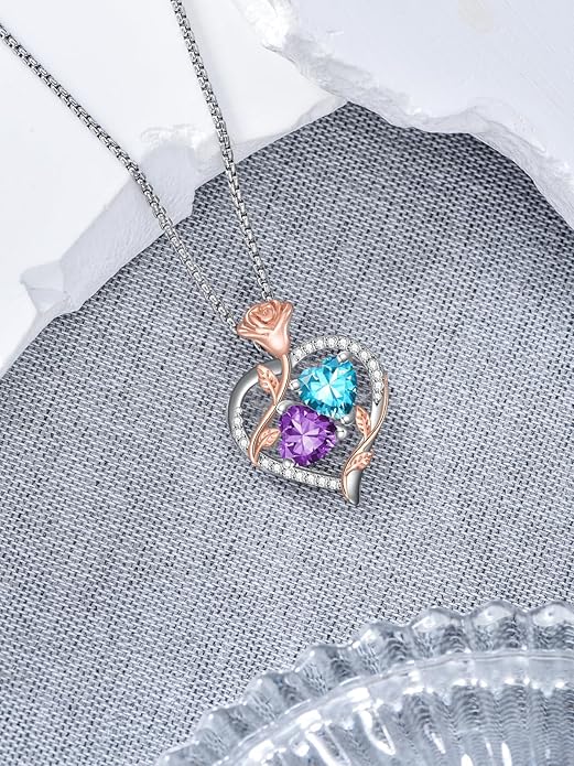 Christmas Gifts for Women Rose Heart Birthstone Pendant Necklace I Love You Forever Jewelry Valentine Mothers Day Birthday Gifts for Women Her Wife Girlfriend