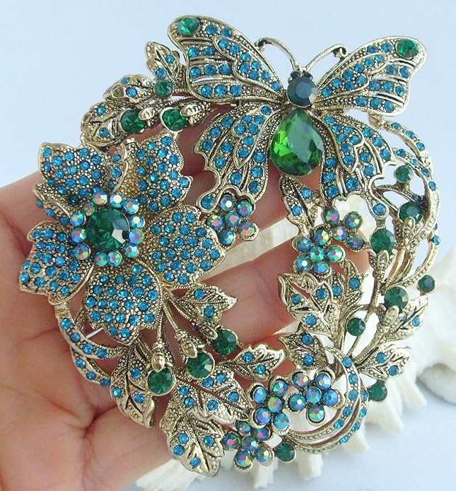Art Style 3.54" Butterfly Flower Brooch Pin Pendant Rhinestone Crystal BZ4489