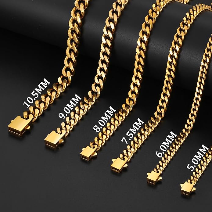 Fiusem Valentines Day Gifts for Him Silver Tone/Black/14K Gold Plated Chain Necklace for Men, 5mm/6mm/7.5mm/8mm/9mm Stainless Steel Cuban Link Chain Necklace, Men's Chains 18-28 Inch Jewelry Gifts