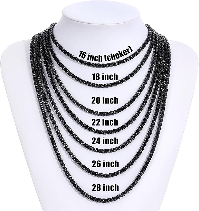 Fiusem Black Wheat Chains for Men and Women, 2/2.5/3/4/5mm Stainless Steel Necklace Chain, Mens Necklace Jewelry Gift 16-28 Inch
