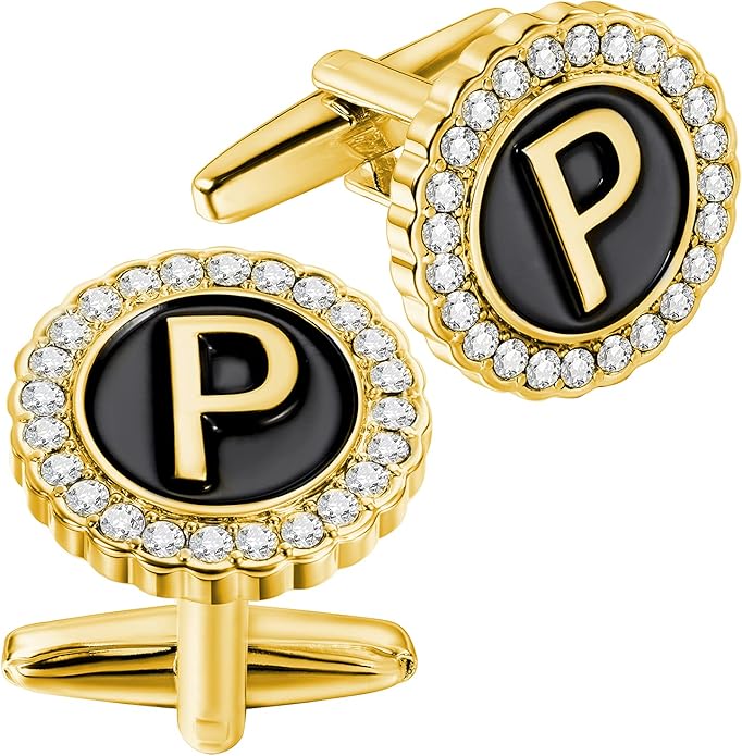 HAWSON A-Z Initial Cufflinks for Men and Women with Clear Crystal, Gold Silver Color Rasied Letter A-Z Cuff Links for French Shirt, Gift for Normal and Business Wearing
