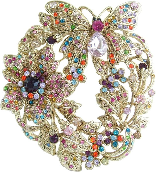 Art Style 3.54" Butterfly Flower Brooch Pin Pendant Rhinestone Crystal BZ4489