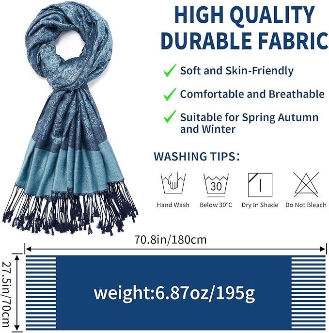 QIUTIMIY Paisley Pashmina Shawl Wrap Women Reversible Vintage Jacquard Pashmina Rave Scarf with Fringe for Evening, Wedding