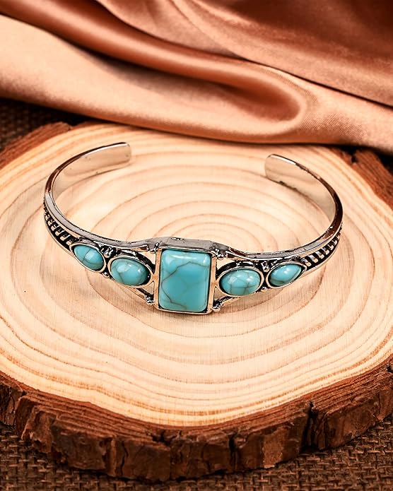 Boho Turquoise Silver Cuff Bracelet for Women, Vintage Jewelry Bangle with Carved Details, Adjustable Silver Bangles for Women, Sterling Silver Plated Bangles Style