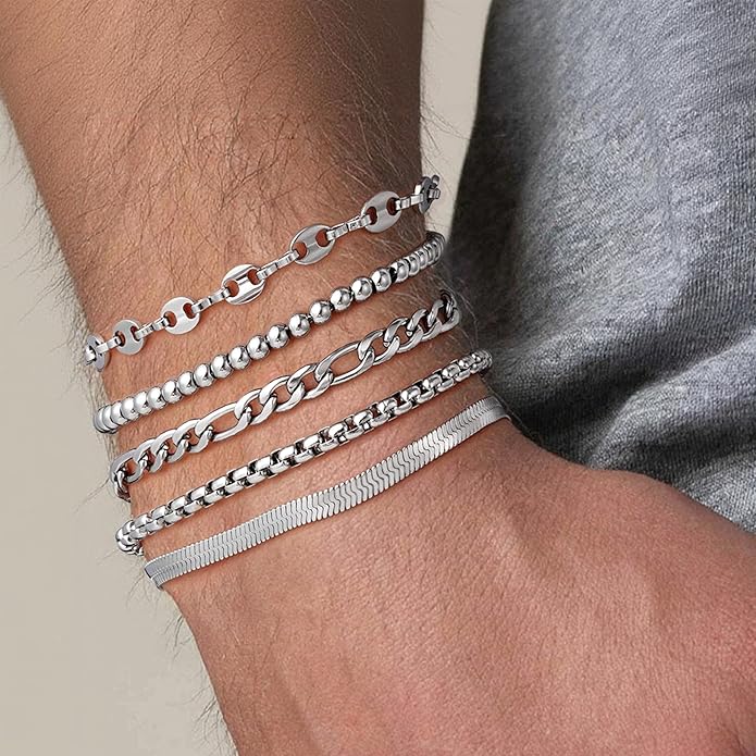 Yoosteel Mens Bracelets - Silver Chain Bracelet Stainless Steel Cuban Link Stack Bracelets Sturdy Rope Paperclip Chains Set 7.5/8.3/9 inches Trendy Jewelry for Men