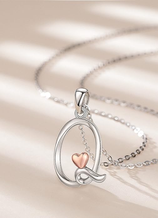 CELESTIA 925 Sterling Silver Initial Necklaces 26 Letter with Rose Gold Heart - 18 Inch Chain