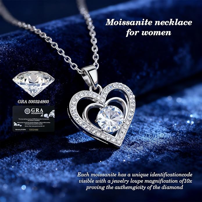 Jewelry Gifts for Women, Moissanite Heart Necklace 1-2Carat - Birthday Gift for Wife, Anniversary Necklace for Women, Christmas Valentine's Day Mother's Day Fine Jewelry Romantic Gifts for Her