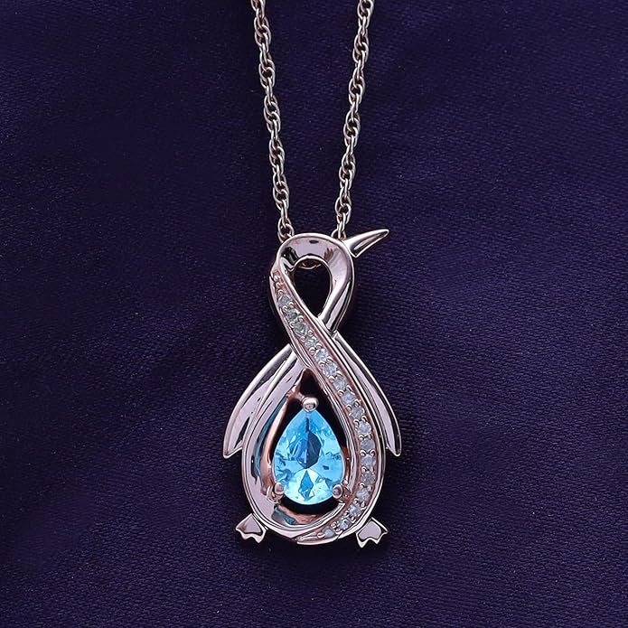 Infinity Penguin Pendant Necklace for Women, 14K Gold Over Sterling Silver with Pear & Round Cut Simulated Birthstone & White Diamond Accents, Dainty Animal Jewelry Gift with 18" Chain