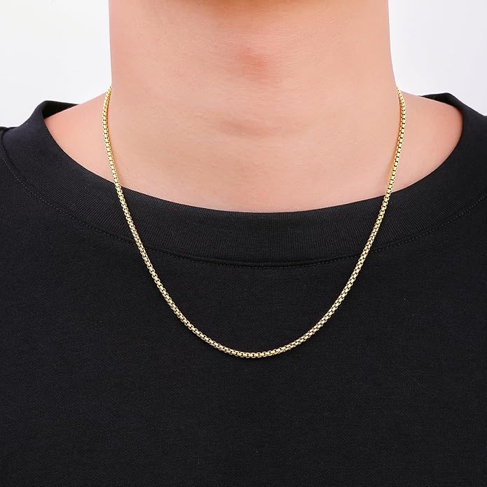 Fiusem Box Chain for Men, Silver Tone/14K Gold Plated/Black Stainless Steel Necklace for Men and Women, Width 2/2.5/3/4/5mm, Length 18-28 Inches
