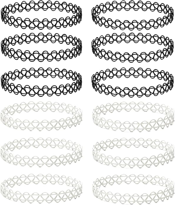 BodyJ4You 12PC Tattoo Choker Necklace - 90s Accessories 2000s Jewelry Y2K Fashion Vintage Trendy - Rainbow Goth Black Pink Green Blue White - Adjustable Stretchy Elastic Necklace Summer Vacation Set
