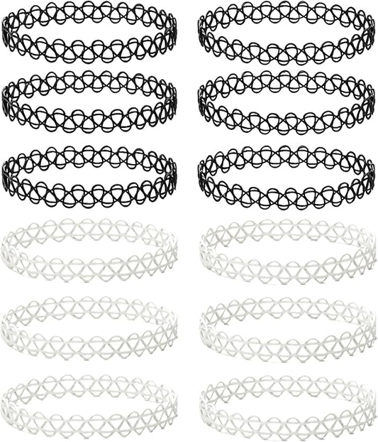 BodyJ4You 12PC Tattoo Choker Necklace - 90s Accessories 2000s Jewelry Y2K Fashion Vintage Trendy - Rainbow Goth Black Pink Green Blue White - Adjustable Stretchy Elastic Necklace Summer Vacation Set