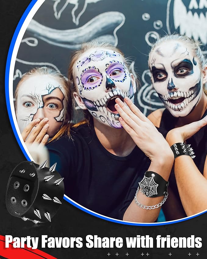 Hicarer 9 Pieces Spiked Studded Bracelet Black Leather Rivet Punk Bracelet Cuff Wrap Bangle Snap Button Metal Wristband for Men Women