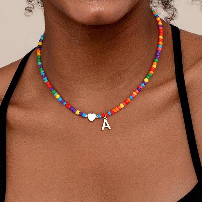 Colorful Initial Necklaces for Girls Women Kids - Teen Girls Gifts Trendy Stuff Beaded Initial Necklace Dainty Letter Choker Necklace for Girl Gifts Jewelry