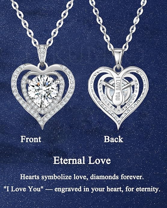 Moissanite Heart Necklace for Women, 1-2 Carat Moissanite Necklace Engraved with 'I LOVE YOU', Anniversary Birthday Gifts for Women,Mom, Girlfriend, Jewelry Gifts for Christmas Valentine's Day