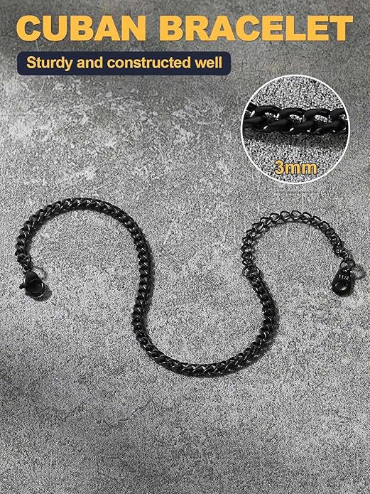 U7 Link Bracelets for Men, Cuban Link/Rope/Watch Band Solid Bracelet, Silver Black Gold Color Wrist Bracelet 3/6/9/12/15mm Width, 6.5/7.5/8.3 Inch Length, Hand Chain Jewelry for Mens Women