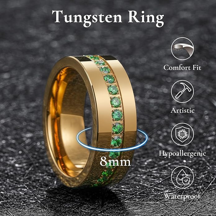 King Will Mens Tungsten Wedding Band with Cubic Zircon Inlay 7mm/8mm Flat Cut Comfort Fit Engagement Rings