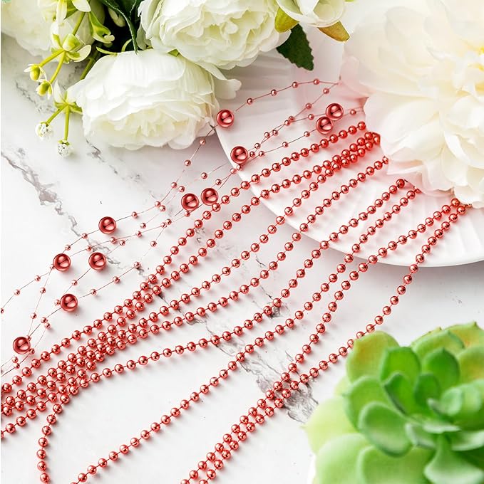 Bonuci 3 Rolls 66 Feet Pearls String Garland Faux Pearl Garland Spool Roll Strand Decoration Artificial Beads Chain Trim for Crafting String of Flowers Valentine Wedding Party(Red,4mm)