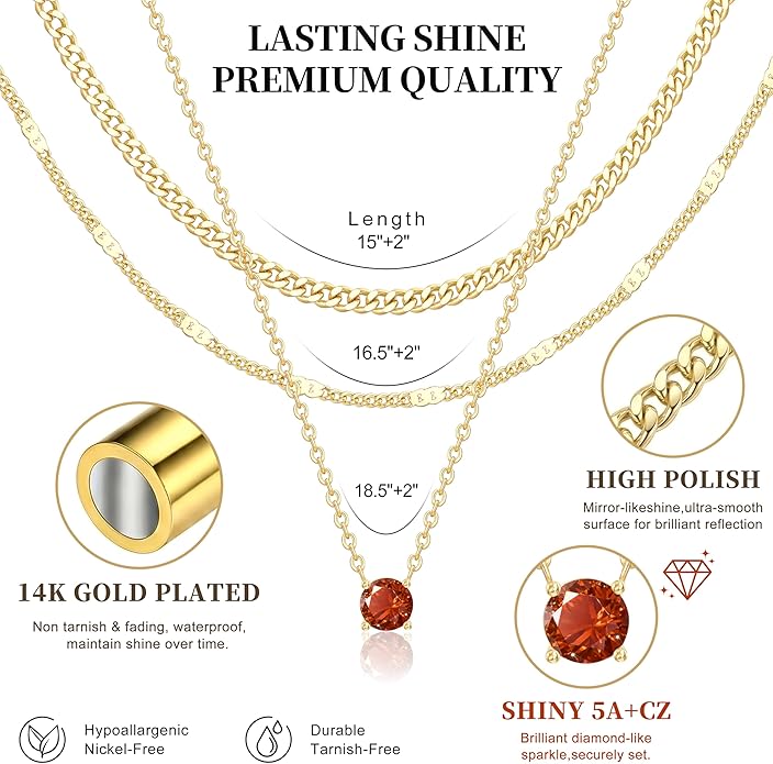 WomenGifts Layered Gold Necklaces for Women, 14K Gold Sterling Silver Plated Dainty Pendant Necklace Set with Cubic Zirconia Circle, Chunky Stackable Cuban Chain Choker, Trendy Personalized Birthstone Jewelry Gift Non Tarnish