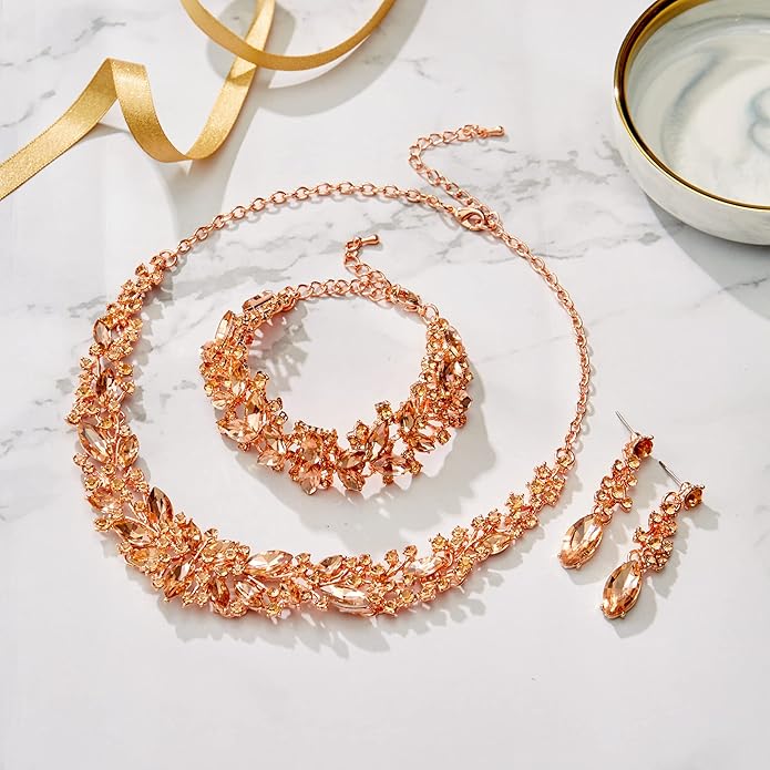 BriLove Women's Wedding Bridal Austrian Crystal Marquise Cluster Collar Necklace Dangle Earrings Set