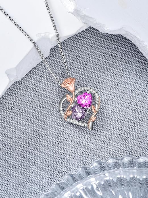 Christmas Gifts for Women Rose Heart Birthstone Pendant Necklace I Love You Forever Jewelry Valentine Mothers Day Birthday Gifts for Women Her Wife Girlfriend