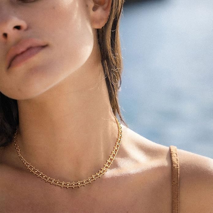 MTMY Beaded Necklaces for Women 14K Gold Plated Dainty Colorful Green/Rose Beaded Pearl Choker Necklace Delicate Boho Choker Necklace Jewelry Gift