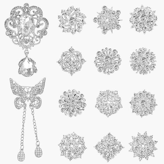 Yhsheen Silver Rhinestone Brooches Pin Kits Crystal Pearl Brooches for Bouquets for Wedding Decoration Accessories Jewelry Making Crafts(Sliver-14PCS)-D