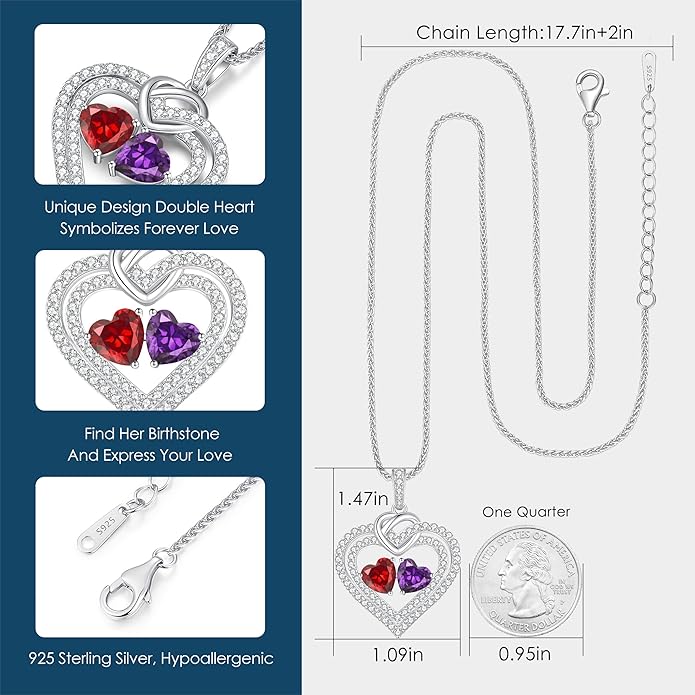 LOUISA SECRET Sparkling Double Heart Birthstone Necklaces for Women, 925 Sterling Silver Fine Jewelry, Pendant Heart Necklaces Birthday Anniversary Christmas Gift for Women Wife Mom Girlfriend Lady