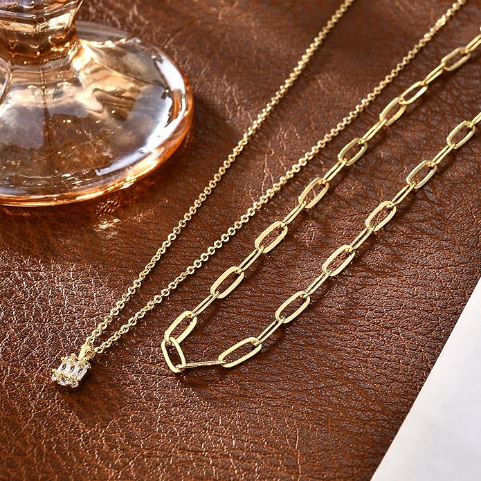 Gold Layered Necklaces for Women, 14K Gold Plated Dainty Necklace Set with Paperclip, Adjustable Trendy Gold Jewelry Stackable Gift