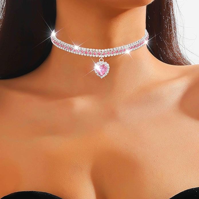 CLOACE Rhinestone Choker Necklace Heart Pendant Diamond Row Necklaces Sparkly Crystal Prom Chain Jewerly Accessories for Women