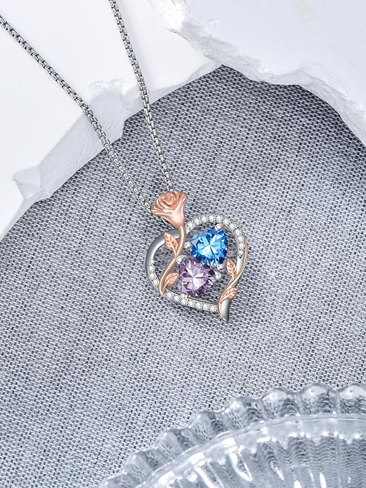 Christmas Gifts for Women Rose Heart Birthstone Pendant Necklace I Love You Forever Jewelry Valentine Mothers Day Birthday Gifts for Women Her Wife Girlfriend